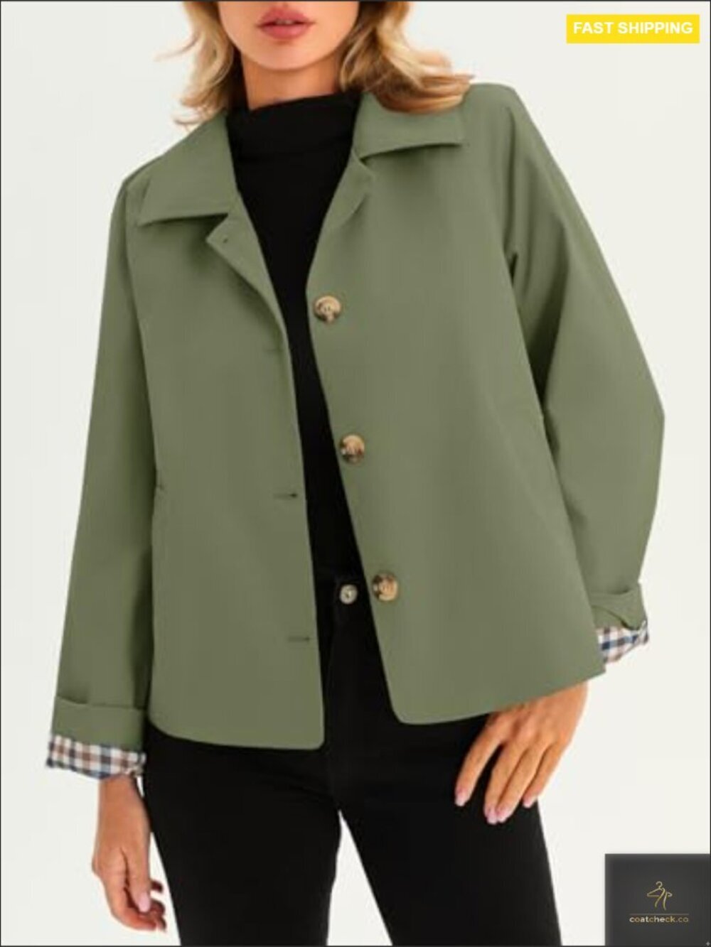 Cropped Trench Coat Lightweight Windbreaker Fall Jacket Single Breasted Plaid - Picture 2 of 7